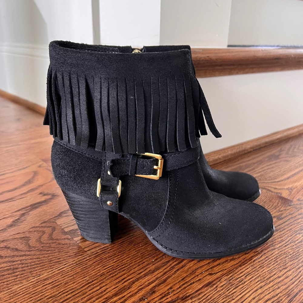 LRL Ralph Lauren Mara Black Suede Fringe Ankle Boots Gold Buckle 7.5B 11739 G14 - Picture 10 of 15